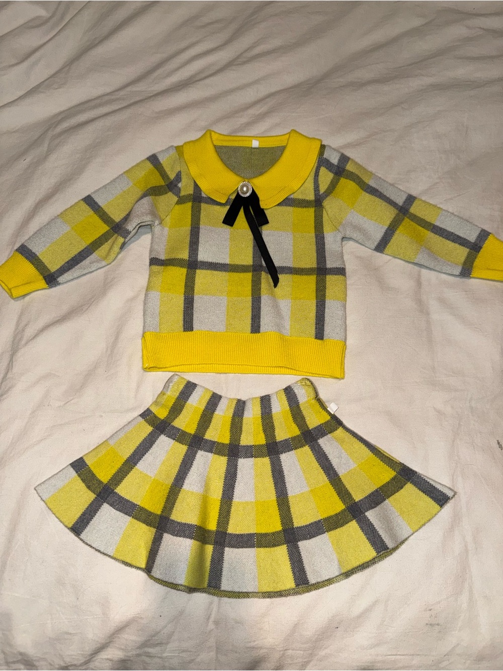 Yellow Plaid Knit Sweater and Skirt Set